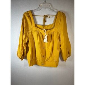 Hem & Thread Mustard Yellow Square Neck Button Down Blouse Large NWT 3031